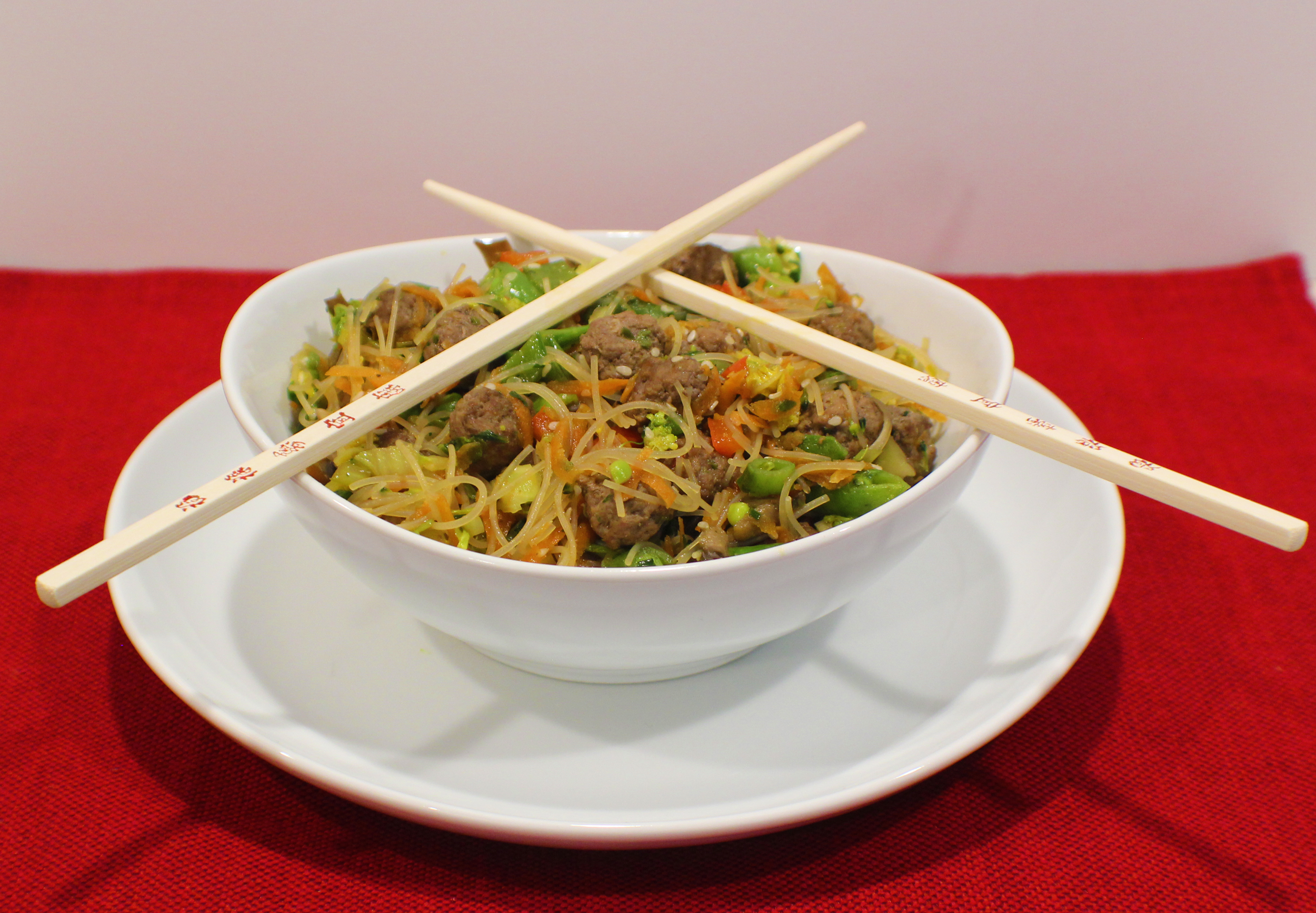 Sesame Ginger Noodles with Meatballs and Veggies